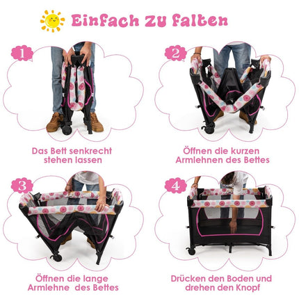 Babybett 4 in 1 Klappreisebett &amp; Beistellbett &amp; Wickelkommode &amp; Laufstall Schwarz + Rosa