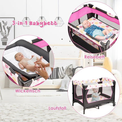 Babybett 4 in 1 Klappreisebett &amp; Beistellbett &amp; Wickelkommode &amp; Laufstall Schwarz + Rosa