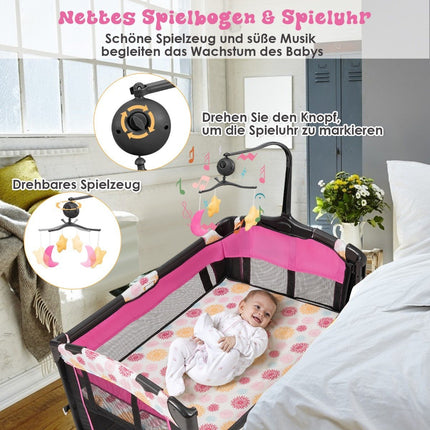 Babybett 4 in 1 Klappreisebett &amp; Beistellbett &amp; Wickelkommode &amp; Laufstall Schwarz + Rosa