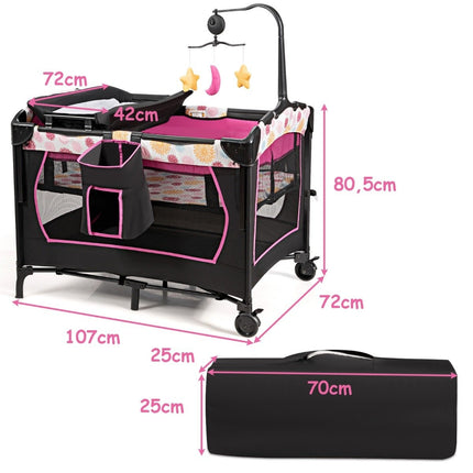 Babybett 4 in 1 Klappreisebett &amp; Beistellbett &amp; Wickelkommode &amp; Laufstall Schwarz + Rosa