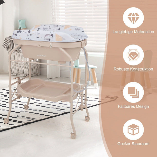 Baby Wickeltisch mit Badewanne Tragbarer Wickeltisch mit PVC-Kissen 86 x 50 x 100 cm beige