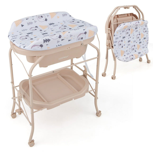 Baby Wickeltisch mit Badewanne Tragbarer Wickeltisch mit PVC-Kissen 86 x 50 x 100 cm beige
