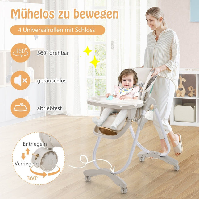 Babyhochstuhl klappbarer Kinderstuhl mit Liegefunktion Rollen &amp; Doppeltablett 96,5 x 55 x 99-109 cm Grau