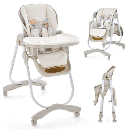 Babyhochstuhl klappbarer Kinderstuhl mit Liegefunktion Rollen &amp; Doppeltablett 96,5 x 55 x 99-109 cm Grau