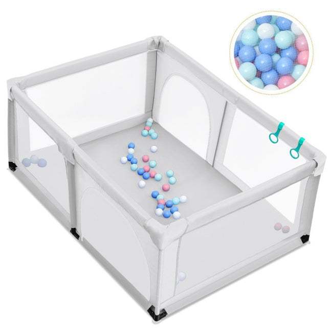 Baby Laufstall mit 50 Spielbällen Laufgitter mit Netz und Reißverschluss 120 x 190 cm Grau