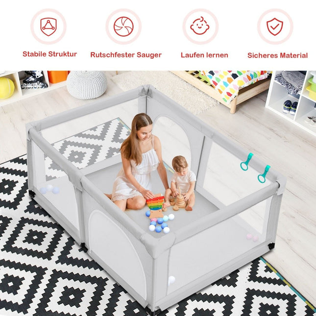 Baby Laufstall mit 50 Spielbällen Laufgitter mit Netz und Reißverschluss 120 x 190 cm Grau