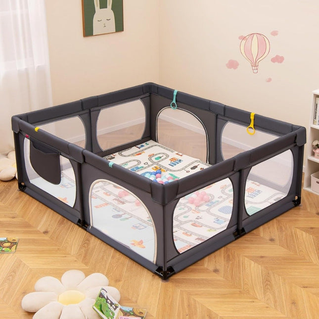 Baby Laufstall mit Matratze &amp; 50 Spielbällen &amp; 4 Zugringen &amp; 4 Reißverschlusstüren dunkelgrau