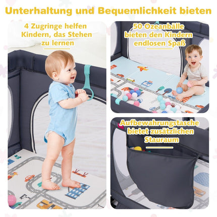 Baby Laufstall mit Matratze &amp; 50 Spielbällen &amp; 4 Zugringen &amp; 4 Reißverschlusstüren dunkelgrau