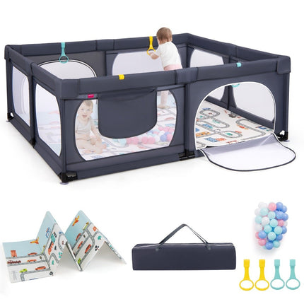 Baby Laufstall mit Matratze &amp; 50 Spielbällen &amp; 4 Zugringen &amp; 4 Reißverschlusstüren dunkelgrau