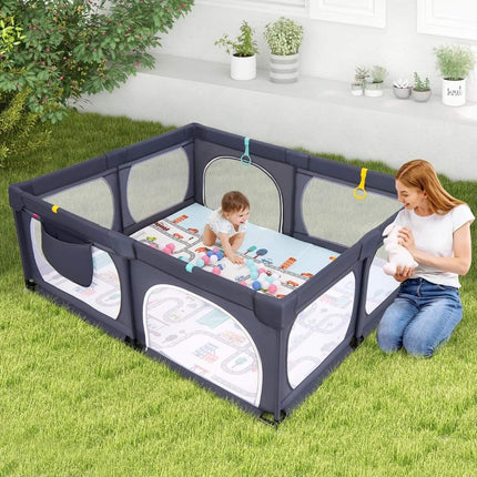 Baby Laufstall mit Matratze &amp; 50 Spielbällen &amp; 4 Zugringen &amp; 4 Reißverschlusstüren dunkelgrau