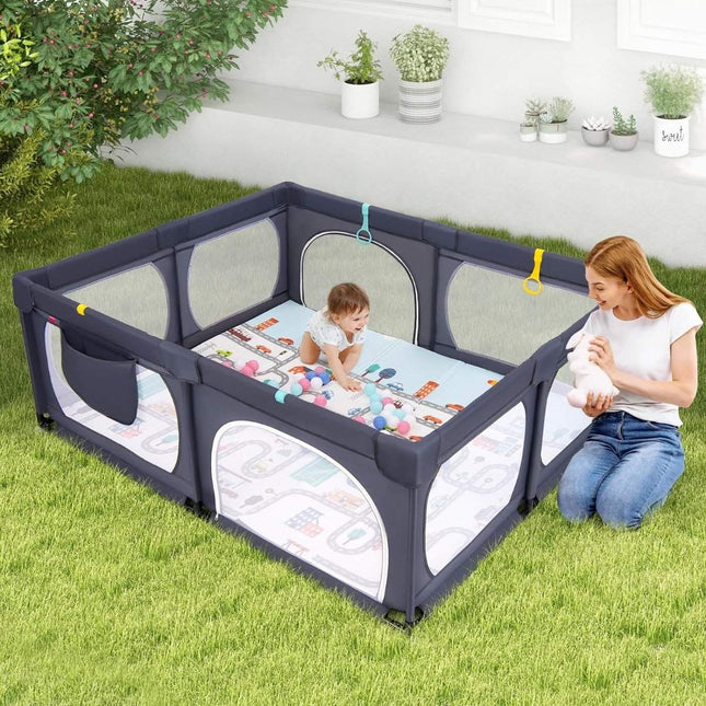 Baby Laufstall mit Matratze &amp; 50 Spielbällen &amp; 4 Zugringen &amp; 4 Reißverschlusstüren dunkelgrau