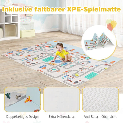 Parc bébé avec matelas, 50 balles de jeu, 4 anneaux de traction et 4 portes zippées gris clair