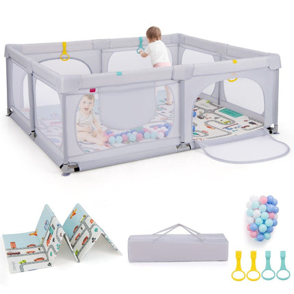 Parc bébé avec matelas, 50 balles de jeu, 4 anneaux de traction et 4 portes zippées gris clair