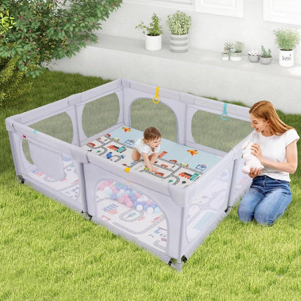 Parc bébé avec matelas, 50 balles de jeu, 4 anneaux de traction et 4 portes zippées gris clair