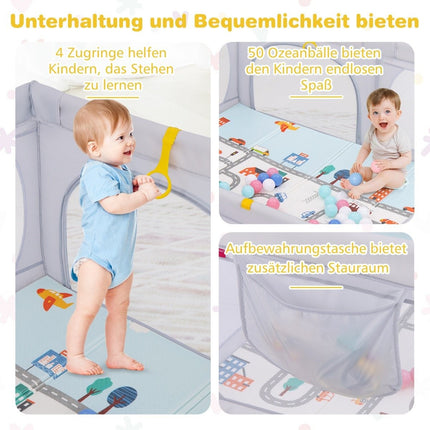 Parc bébé avec matelas, 50 balles de jeu, 4 anneaux de traction et 4 portes zippées gris clair