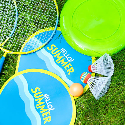 Badmintonová a plážová sada: 2 rakety, košíčky, frisbee
