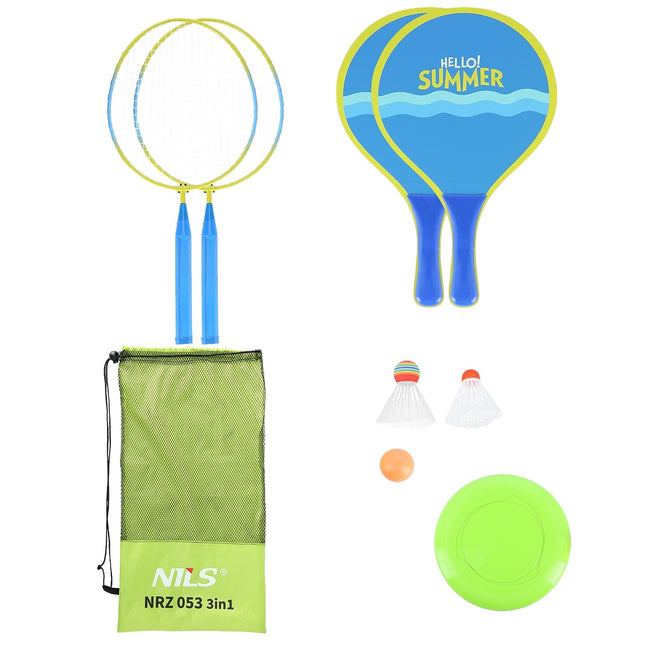 Badminton- & Strandset: 2 Schläger, Federbälle, Frisbee