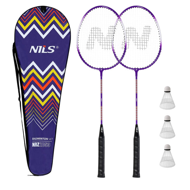 Badmintonset: 2 aluminium rackets, 3 shuttlecocks, hoes