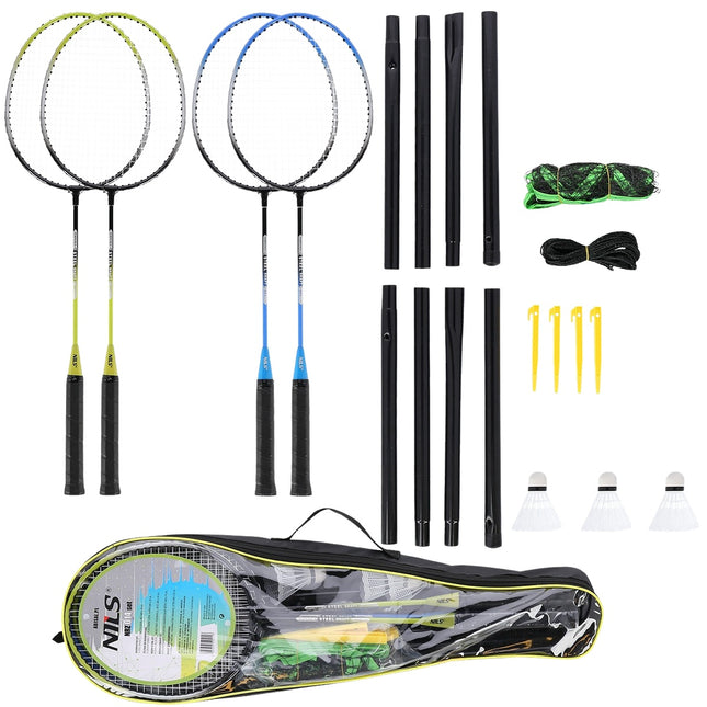 Badmintonset - 4 rackets, 3 shuttlecocks, net en hoes