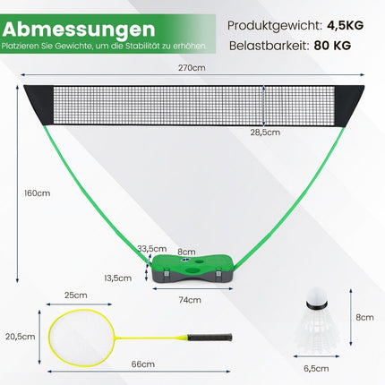 Badmintonnetzständer tragbares Federballspiel mit Schlägern komplettes Badmintonset grün