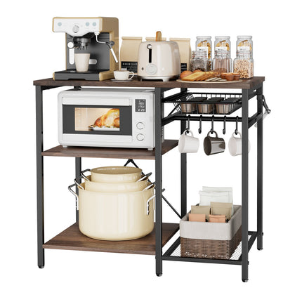 Bakers Rack, 900mm Wide, 5 Hooks, 3-Tier Shelf