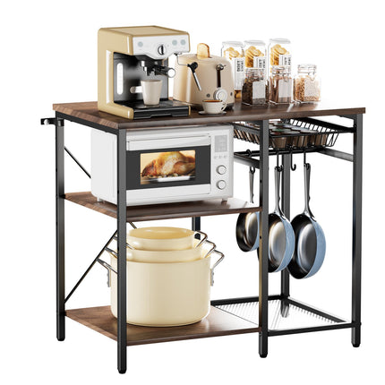 Bakers Rack, 900mm Wide, 5 Hooks, 3-Tier Shelf