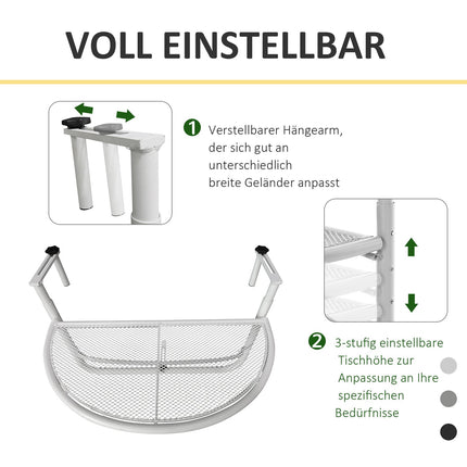 Hanging balcony table - adjustable metal, semi-circular, white