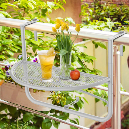 Hanging balcony table - adjustable metal, semi-circular, white