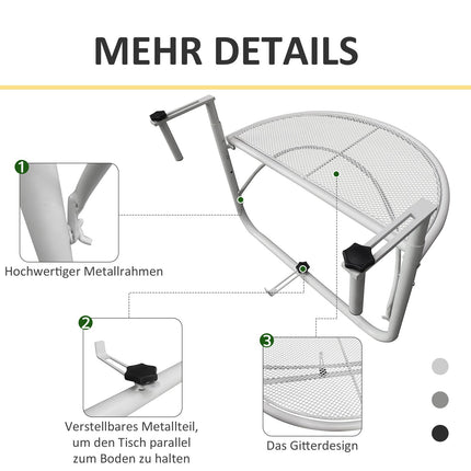 Hanging balcony table - adjustable metal, semi-circular, white