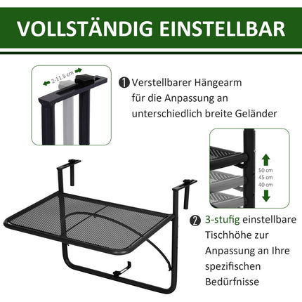 Balkon Verstellbarer quadratischer Hänge-Tisch aus Metall, schwarz, 60x56,5x45cm