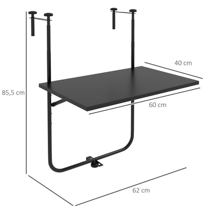 Folding balcony table, 3-way adjustable, 62x60cm, black