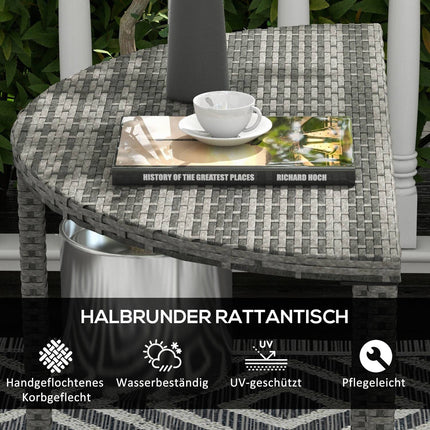Halbrunder grauer Polyrattan Garten-Balkon-Tisch, 100x50x74 cm