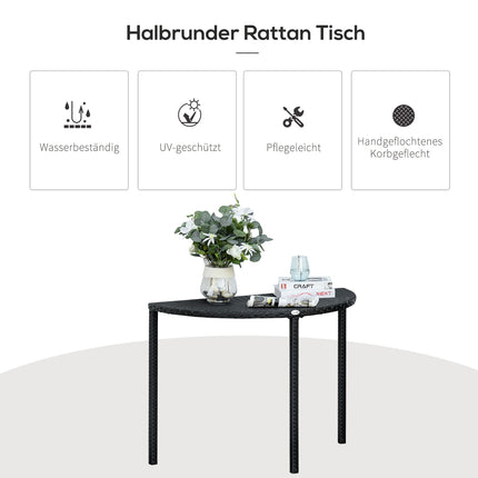 Schwarzer Polyrattan-Halbrunder-Balkontisch, 100x50x74 cm