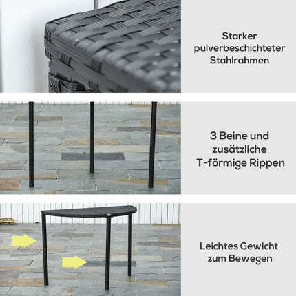 Schwarzer Polyrattan-Halbrunder-Balkontisch, 100x50x74 cm