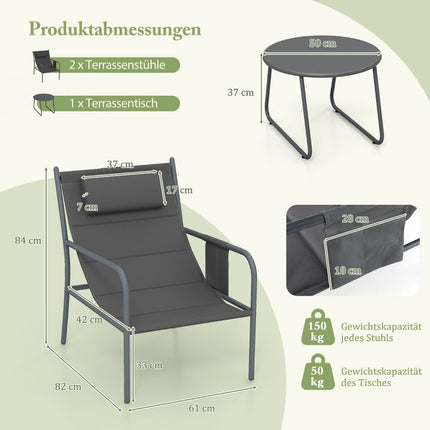 Balkonmöbel Set 3 tlg. Gartenmöbel Set mit 2 Stühlen &amp; Tisch Balkongarnitur mit atmungsaktivem Sitzstoff Grau