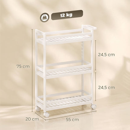 Bamboo 3-Tier Rolling Cart with Slatted Shelves, 55x20x75 cm