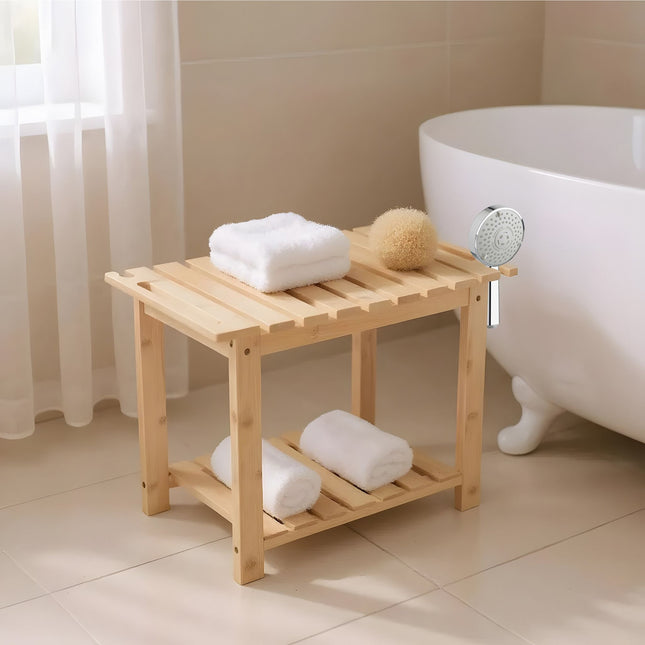 Bamboo Bath Stool with Shelf and Shower Head Holder