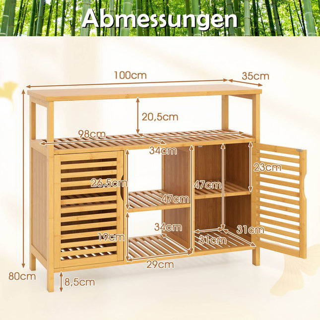 Bambus-Badschrank mit 2 Türen und offenen Ablagefächern