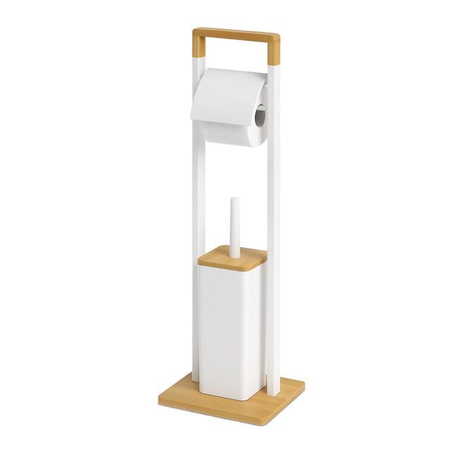 Bamboe badkamerset met toiletpapierhouder en borstel.