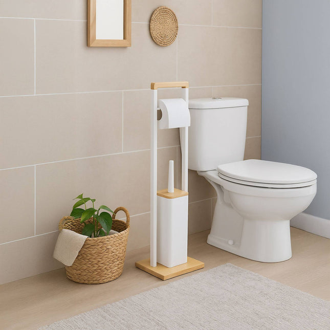 Bamboe badkamerset met toiletpapierhouder en borstel.