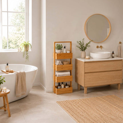 Bamboo Bathroom Shelf with 4 Baskets, 88x28x16 cm