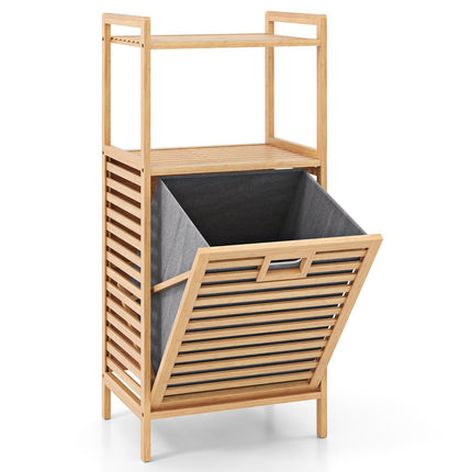 Bamboo Bathroom Shelf with Foldable Laundry Basket, 2 Shelves