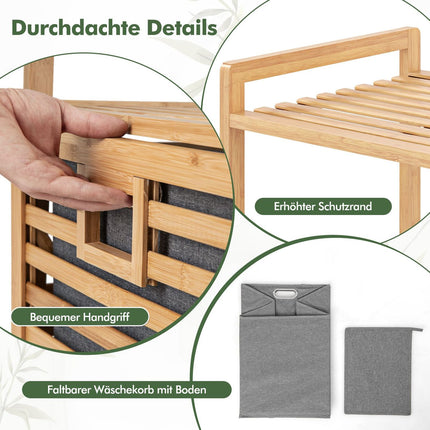 Bamboo Bathroom Shelf with Foldable Laundry Basket, 2 Shelves