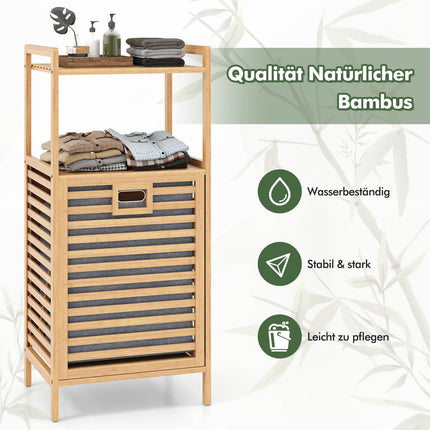 Bamboo Bathroom Shelf with Foldable Laundry Basket, 2 Shelves