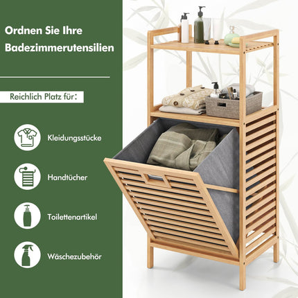 Bamboo Bathroom Shelf with Foldable Laundry Basket, 2 Shelves