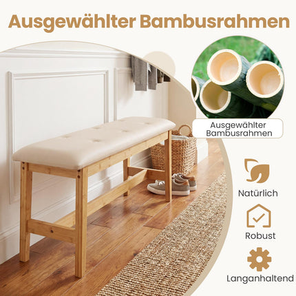 Bambusbank mit Kunstlederkissen, 100cm, Beige