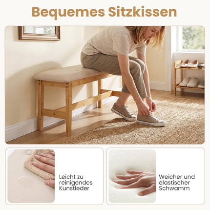 Bambusbank mit Kunstlederkissen, 100cm, Beige