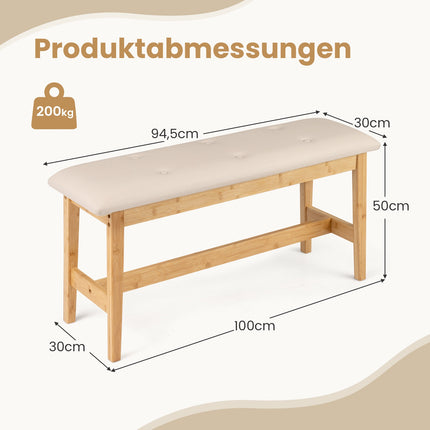 Bambusbank mit Kunstlederkissen, 100cm, Beige