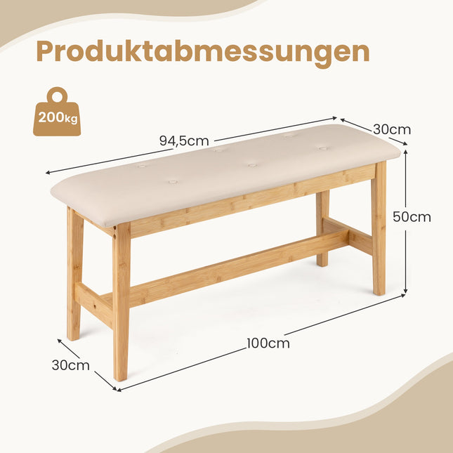 Bambusbank mit Kunstlederkissen, 100cm, Beige