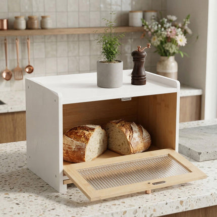 Bambus Brotkasten mit Schneidebrett, großem Sichtfenster